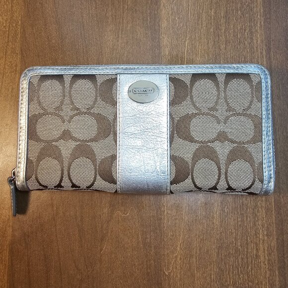 Coach Metallic Burnished Silver and Tan Signature Wallet - Picture 1 of 9